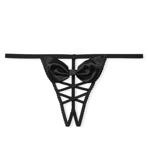 Victoria's Secret Black Women’s Bow Lace-Up V-String Panty Thong sz Medi… - Picture 1 of 14